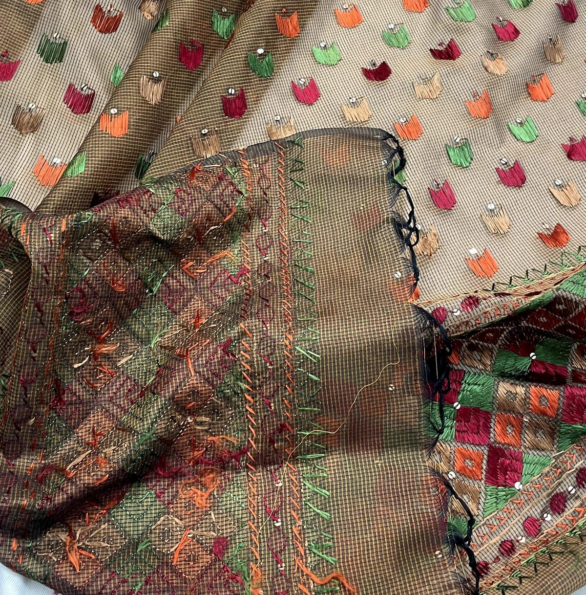Phulkari Dupatta – Hand Embroidered Brown Dupatta for Women | The Amritsar Store - The Amritsar Store