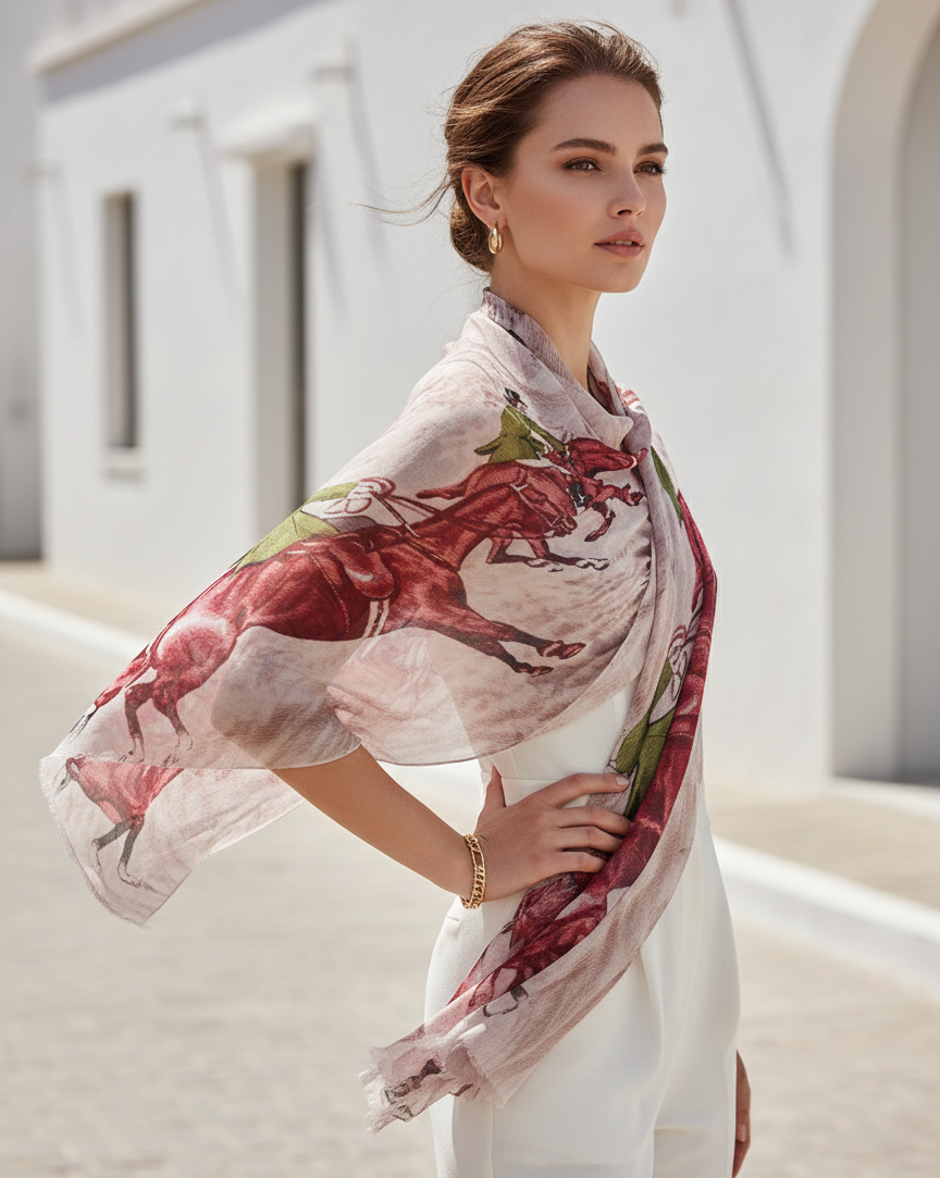 The Amritsar Store vintage horse polo print scarf in beige and rust brown soft wool blend wrap