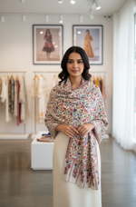 Kashmiri Sozni Embroidered Stole by The Amritsar Store – multicolor floral embroidery with pastel paisley border, handcrafted on soft wool fabric.