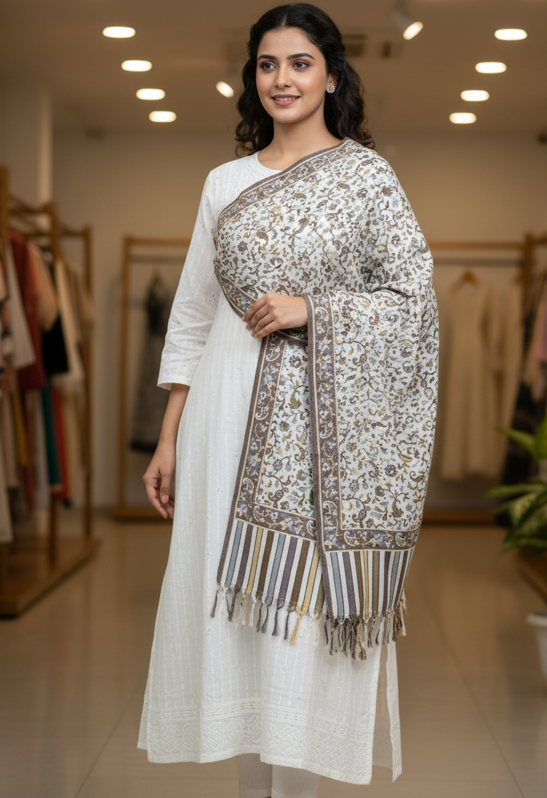 Women’s elegant off-white stole with delicate floral accent by The Amritsar Store
