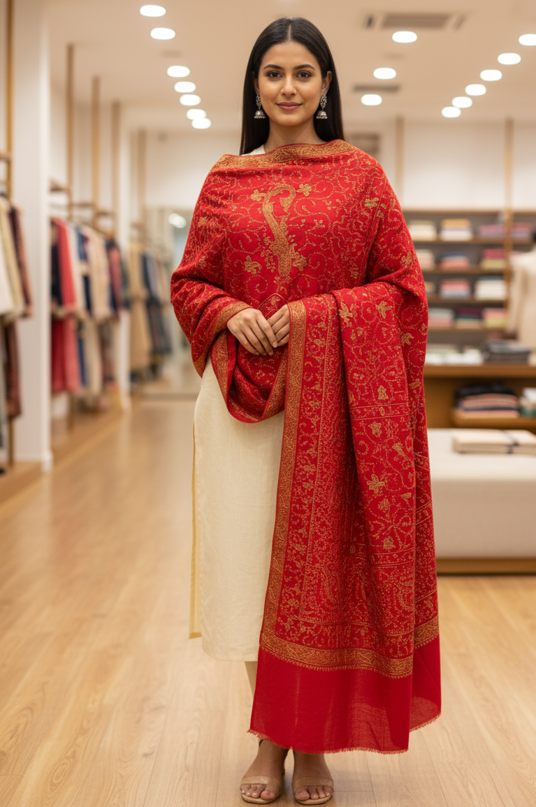 : The Amritsar Store Red Pashmina Shawl with Exquisite Hand Embroidery – Timeless Charm and Elegant Warmth