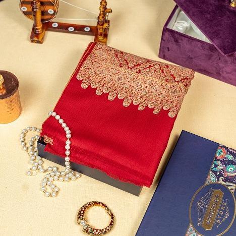 Women's Red Shawl with Full Heavy Jaal Embroidery | The Amritsar Store - The Amritsar Store