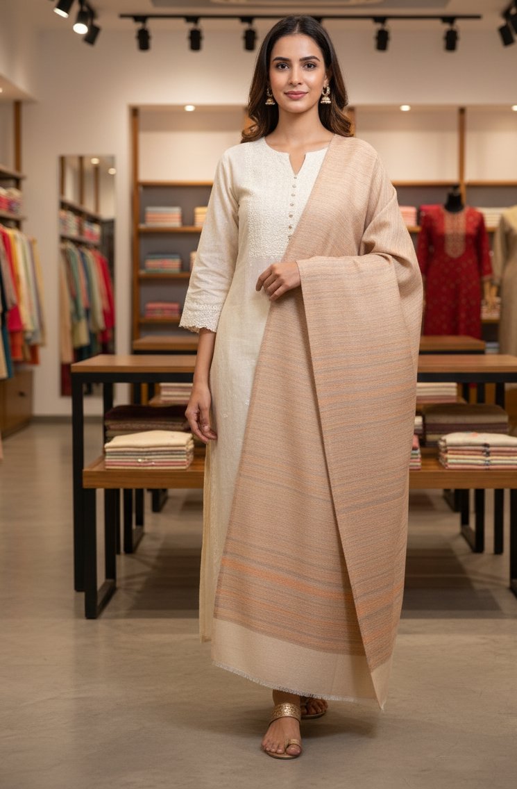 The Amritsar Store women’s elegant reversible shawl in taupe with subtle striped design
