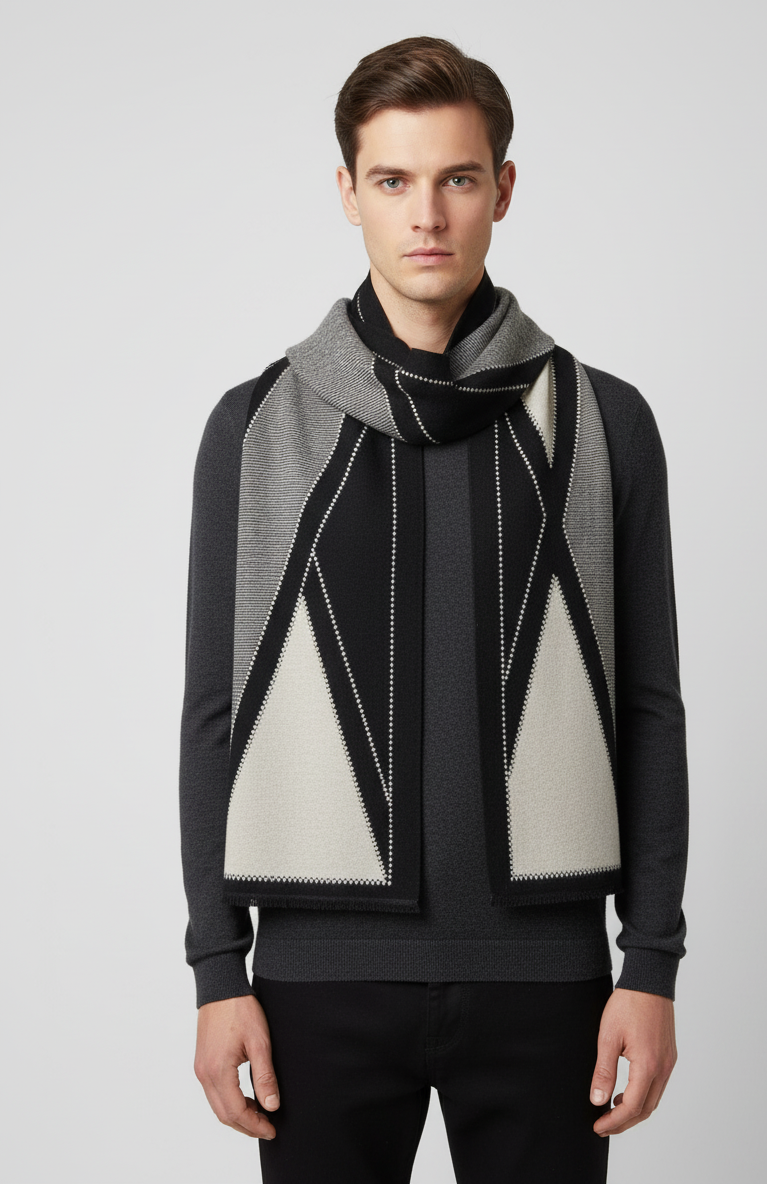 "Elegant Two-Tone Reversible Scarf with Graphic V Pattern, Unisex Winter Accessory by The Amritsar Store"