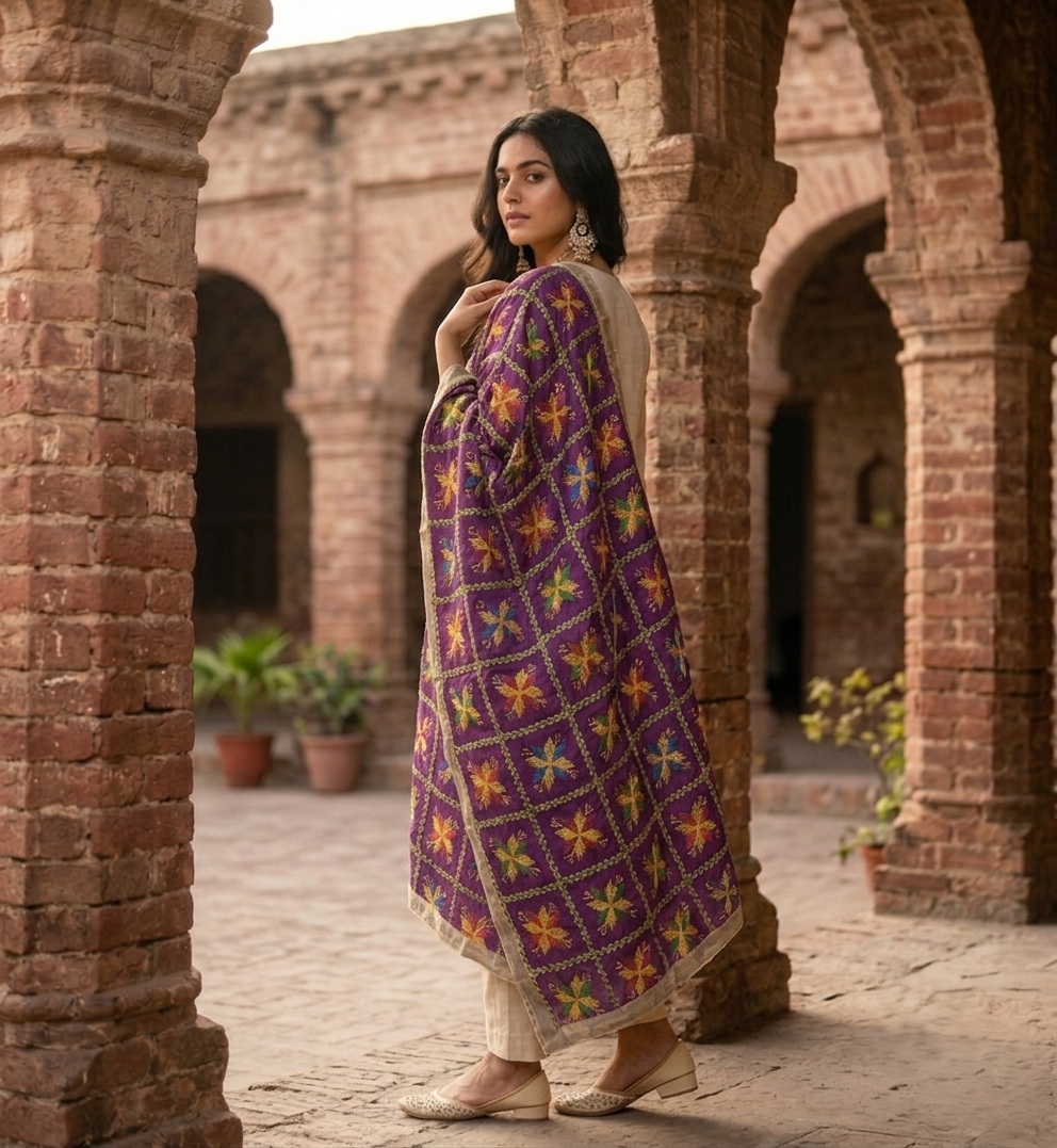 Embroidered purple Punjabi Phulkari dupatta for women featuring traditional handcrafted embroidery by The Amritsar Store