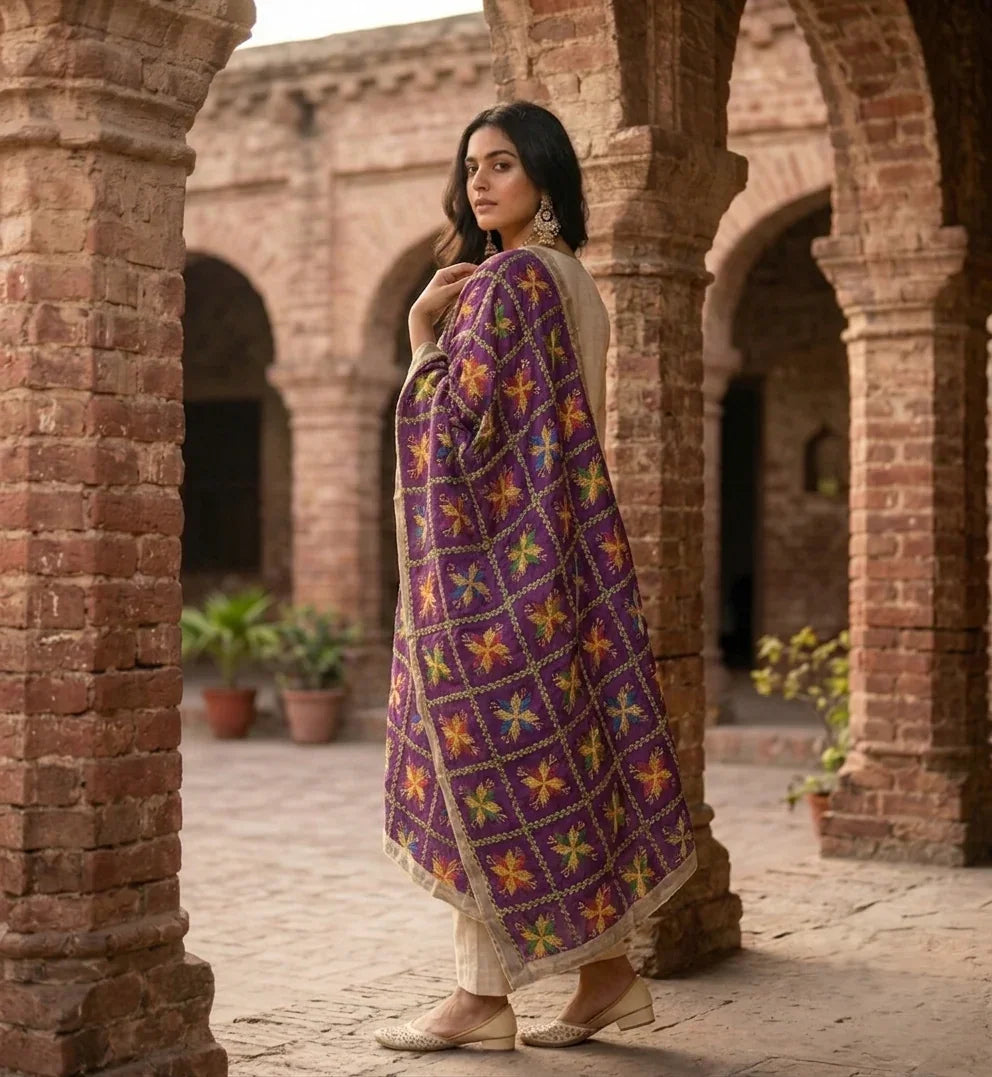 Phulkari Dupatta – Embroidered Purple Punjabi Dupatta | The Amritsar Store - The Amritsar Store