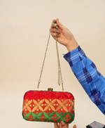 The Amritsar Store Handmade Red Clutch Bag with Green Floral Embroidery – Traditional Ethnic Handcrafted Evening Purse