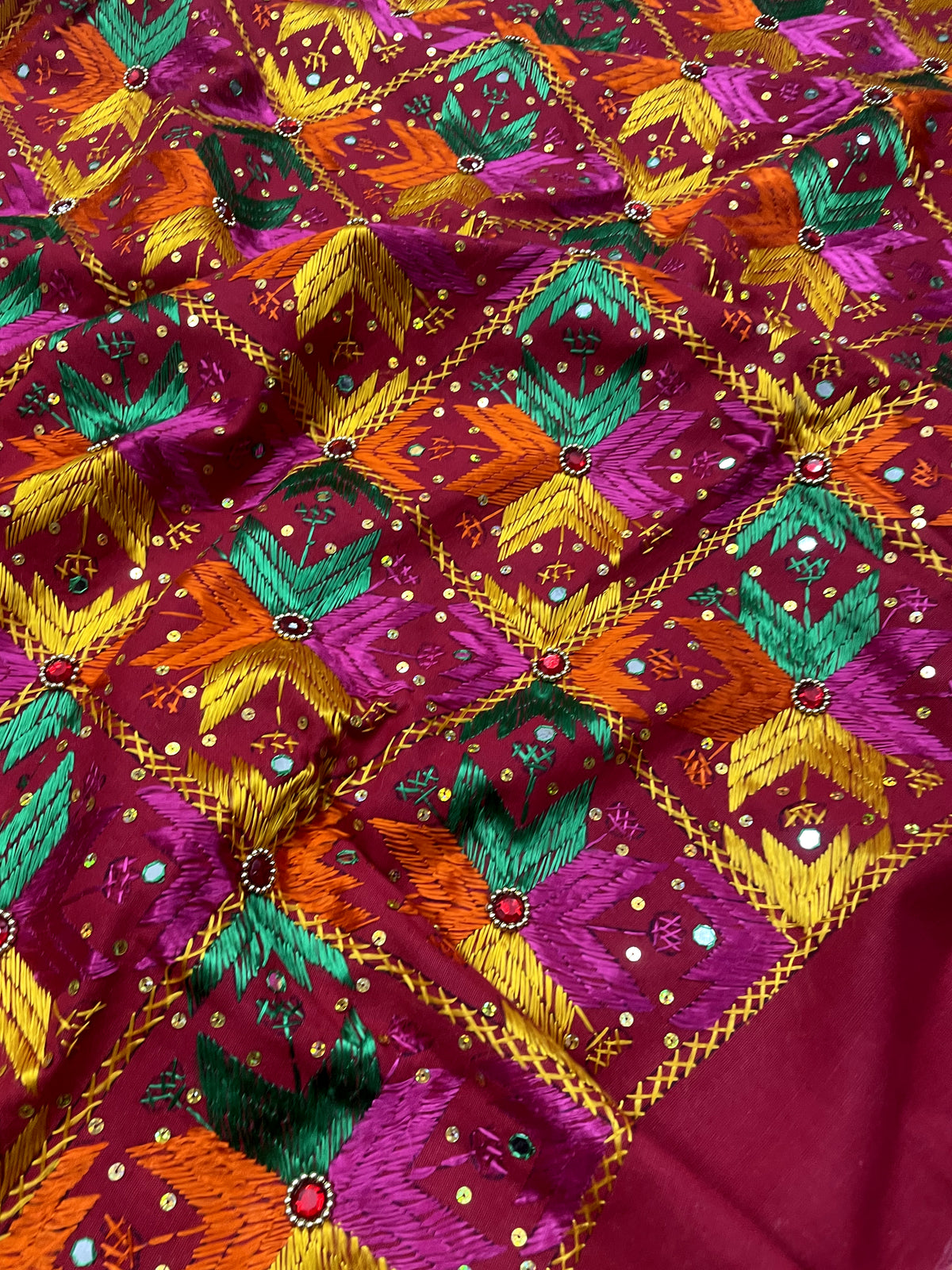 Hand embroidered Punjabi Phulkari Bagh dupatta with mirror work for women by The Amritsar Store featuring traditional ethnic craftsmanship
