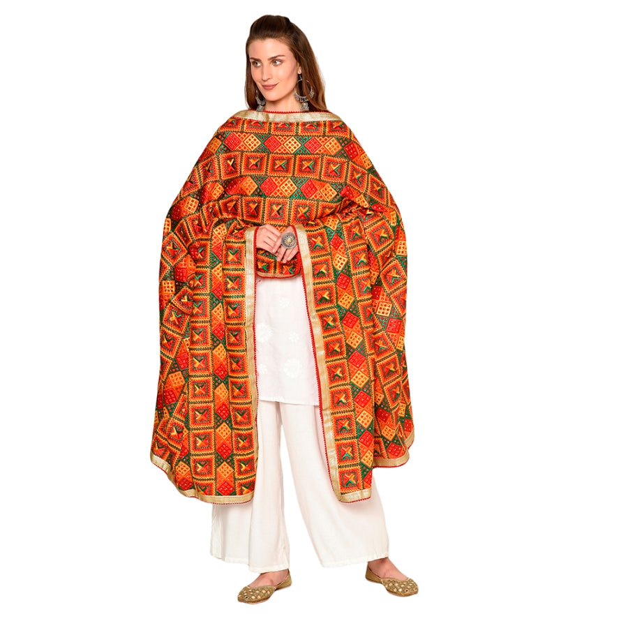 Multicolor Handmade Phulkari dupatta with four sides gotta work - The Amritsar Store