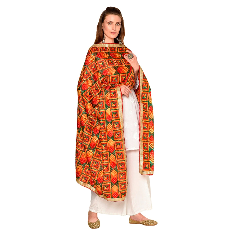Multicolor Handmade Phulkari dupatta with four sides gotta work - The Amritsar Store