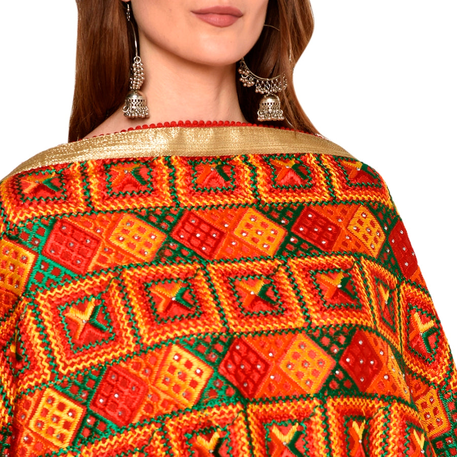 Multicolor Handmade Phulkari dupatta with four sides gotta work - The Amritsar Store