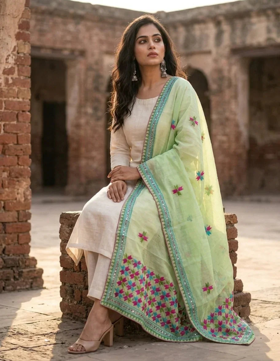Phulkari Dupatta – Hand Embroidered Green Dupatta for Women | The Amritsar Store - The Amritsar Store