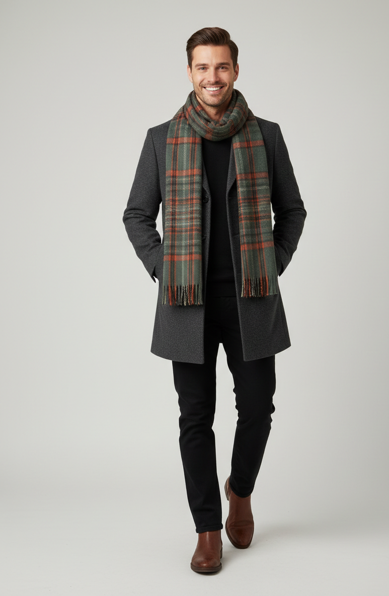 The Amritsar Store Classic Green, Rust & Beige Check Wool Scarf with soft woven checks and fringed edges