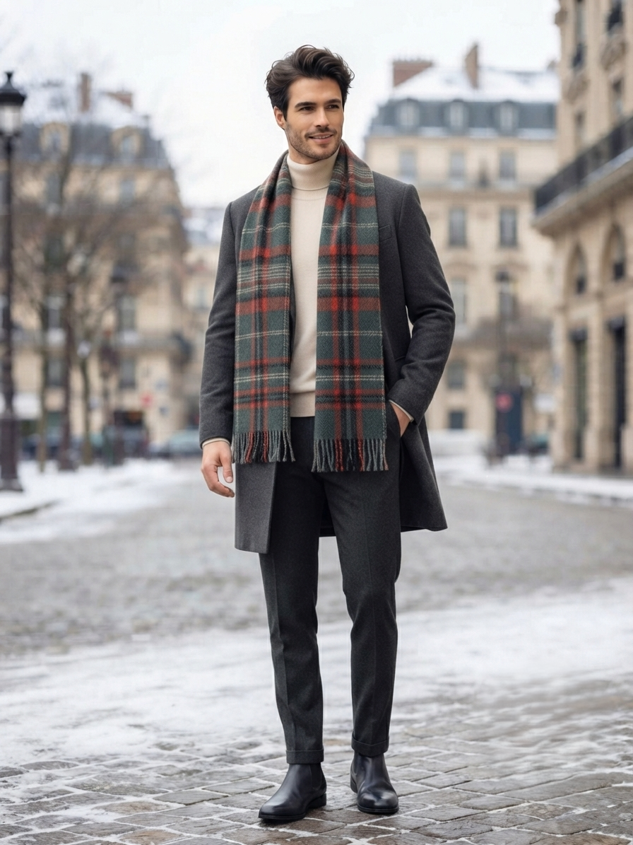 Green Rust Beige Checked Wool Scarf – Soft Winter Scarf Unisex | The Amritsar Store