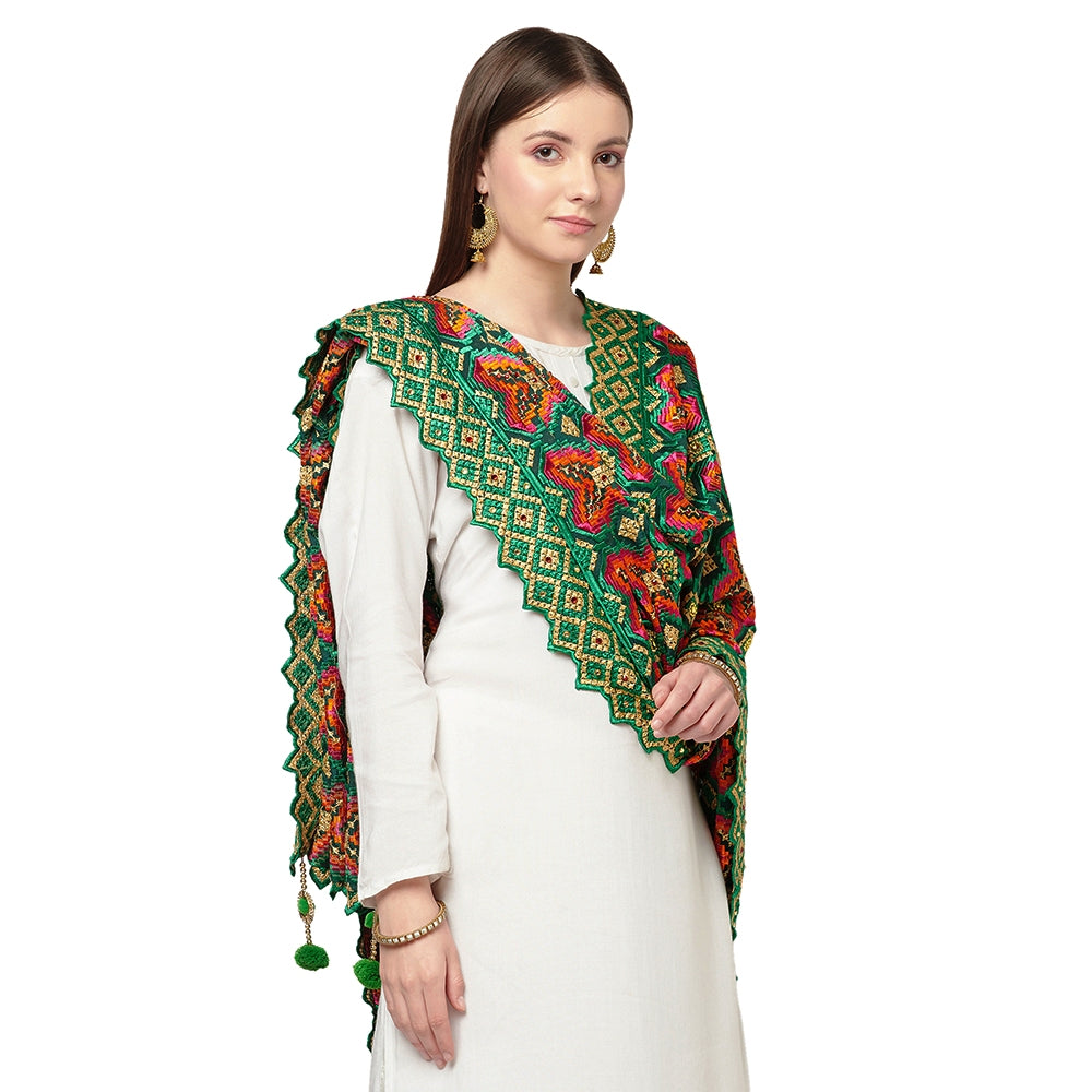Green Heavy Jaal Four Side Cut Work With Latkans (Tassels) Phulkari Dupatta By The Amritsar Store - The Amritsar Store