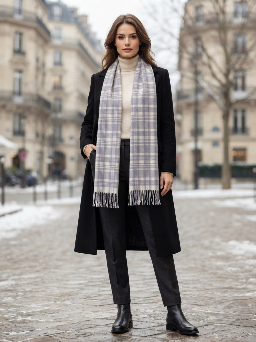 Grey Ivory Checked Wool Scarf – Soft Winter Scarf for Men & Women | The Amritsar Store - The Amritsar Store