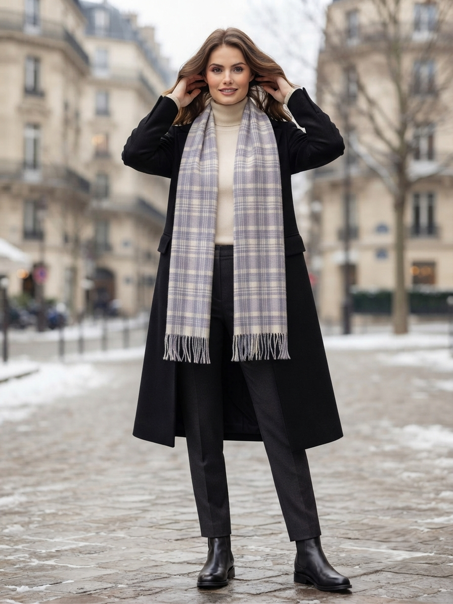 Grey Ivory Checked Wool Scarf – Soft Winter Scarf for Men & Women | The Amritsar Store - The Amritsar Store