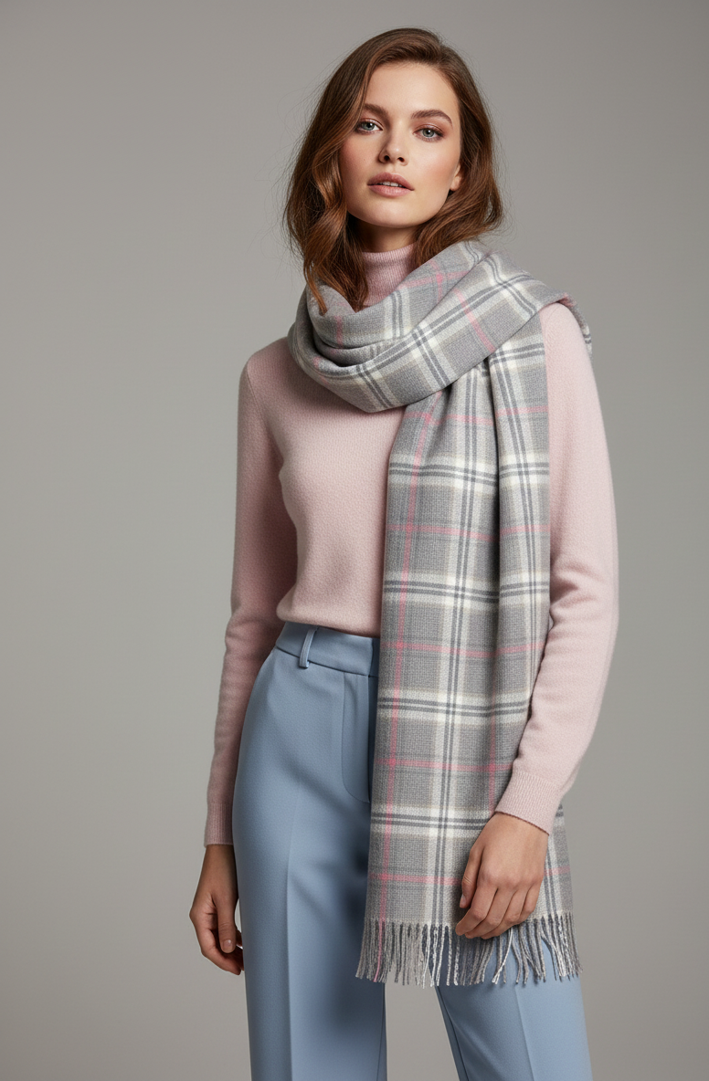 “The Amritsar Store winter plaid wool scarf in grey with soft pink accents, warm lightweight wool scarf