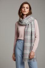 “The Amritsar Store winter plaid wool scarf in grey with soft pink accents, warm lightweight wool scarf