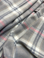“The Amritsar Store winter plaid wool scarf in grey with soft pink accents, warm lightweight wool scarf
