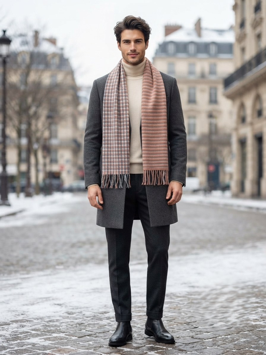 Reversible Wool Scarf – Grey Plaid & Soft Pink Winter Scarf for Unisex | The Amritsar Store - The Amritsar Store