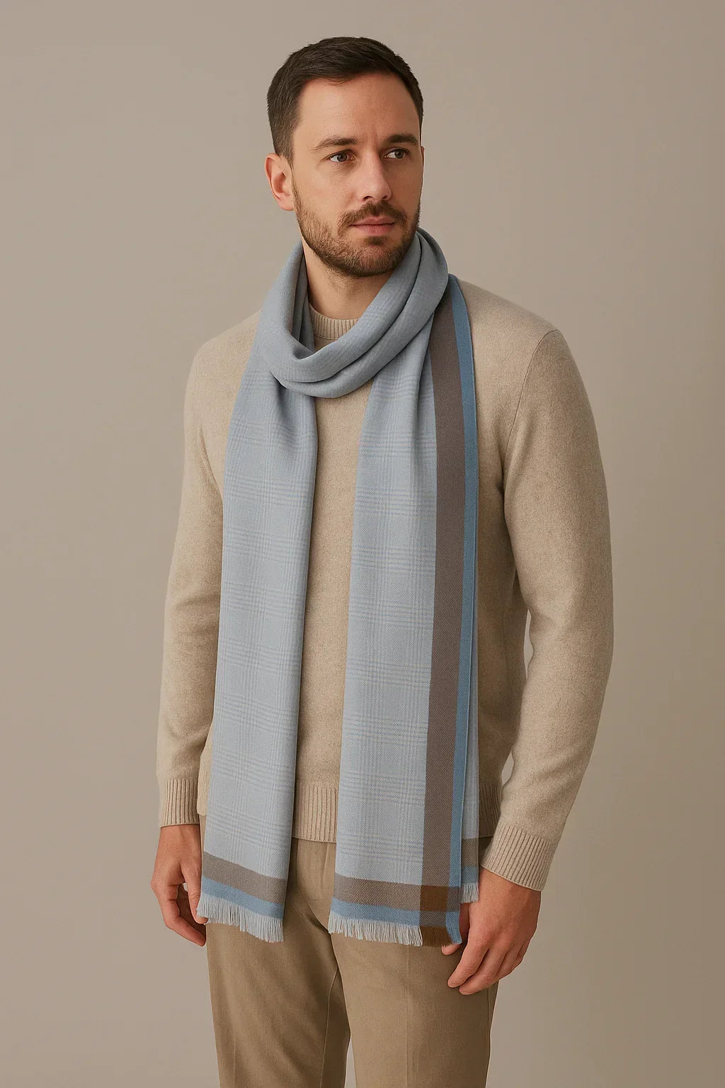 Grey Plaid Scarf with Dual-Tone Border for Men & Women – Soft Lightweight Muffler | The Amritsar Store - The Amritsar Store