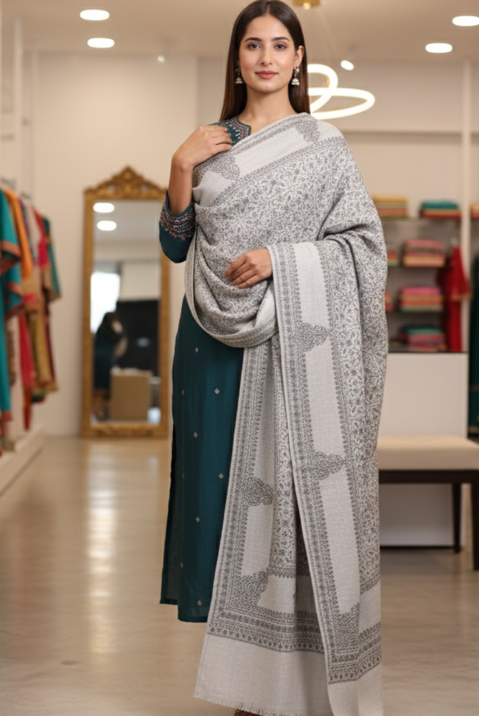 The Amritsar Store Elegant Grey Sozni Embroidered Self Weave Wool Shawl – Handcrafted Kashmiri Design for Women