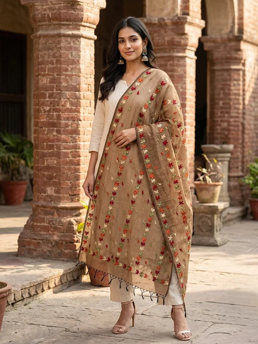 Phulkari Dupatta – Hand Embroidered Brown Dupatta For women | The Amritsar Store - The Amritsar Store