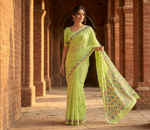 Hand embroidered green Phulkari saree for women with traditional Punjabi embroidery