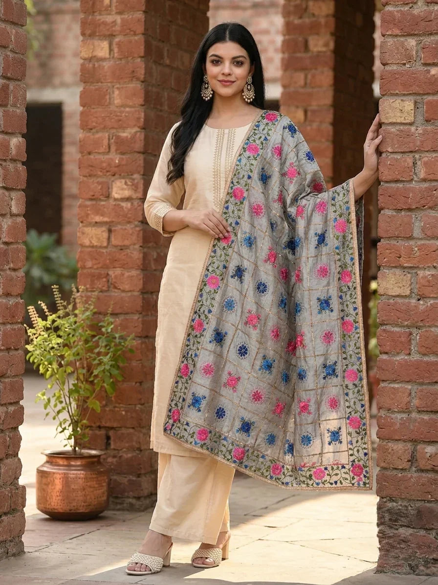 Phulkari Dupatta – Embroidered Grey Dupatta for Women | The Amritsar Store - The Amritsar Store