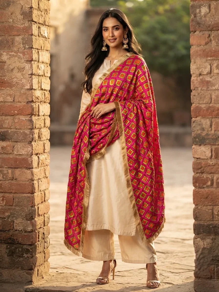 Phulkari Dupatta – Hand Embroidered Magenta Dupatta For Women | The Amritsar Store - The Amritsar Store