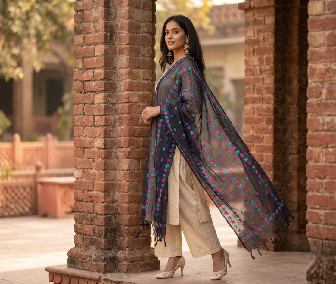 The Amritsar Store Phulkari Dupatta – Hand Embroidered Traditional Design in Navy Blue Color
