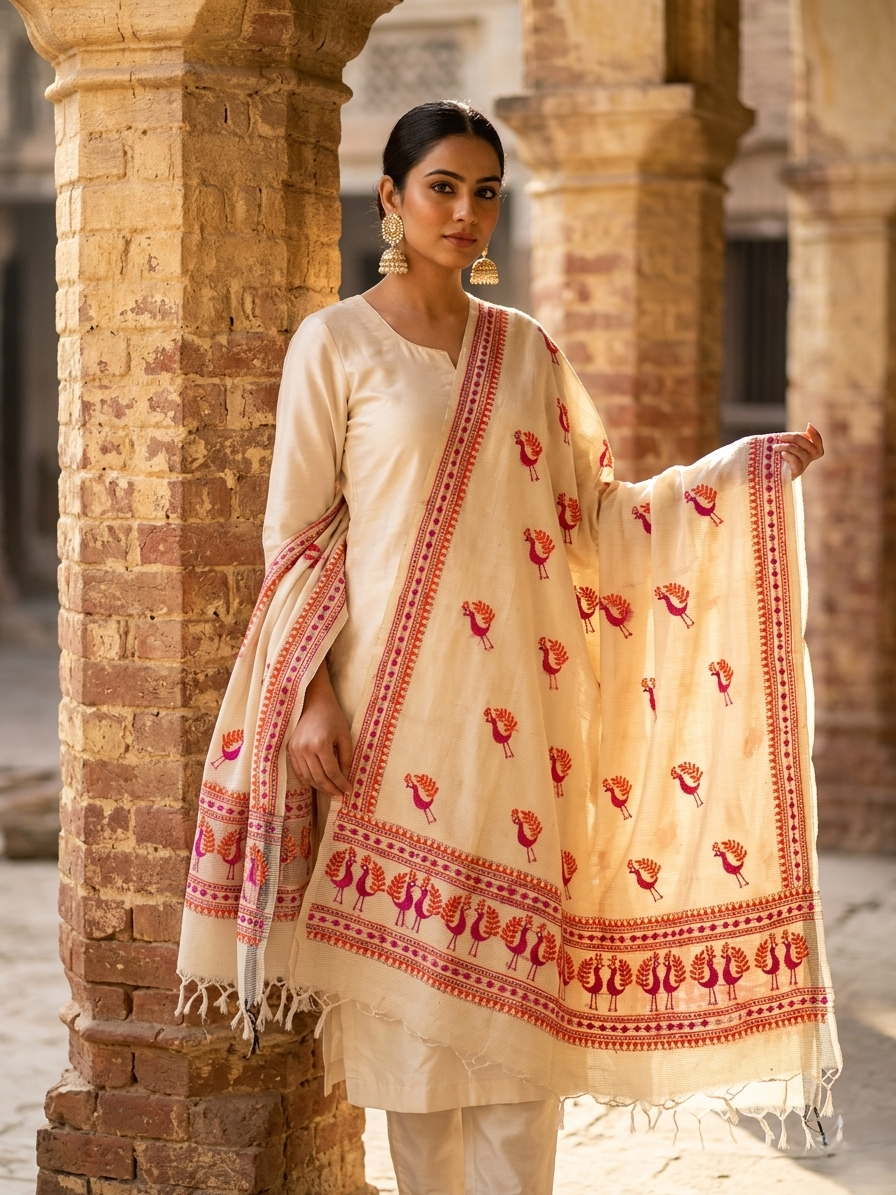 Off White Kota Doria Phulkari Dupatta for Women with Hand Embroidered Traditional Punjabi Floral Design