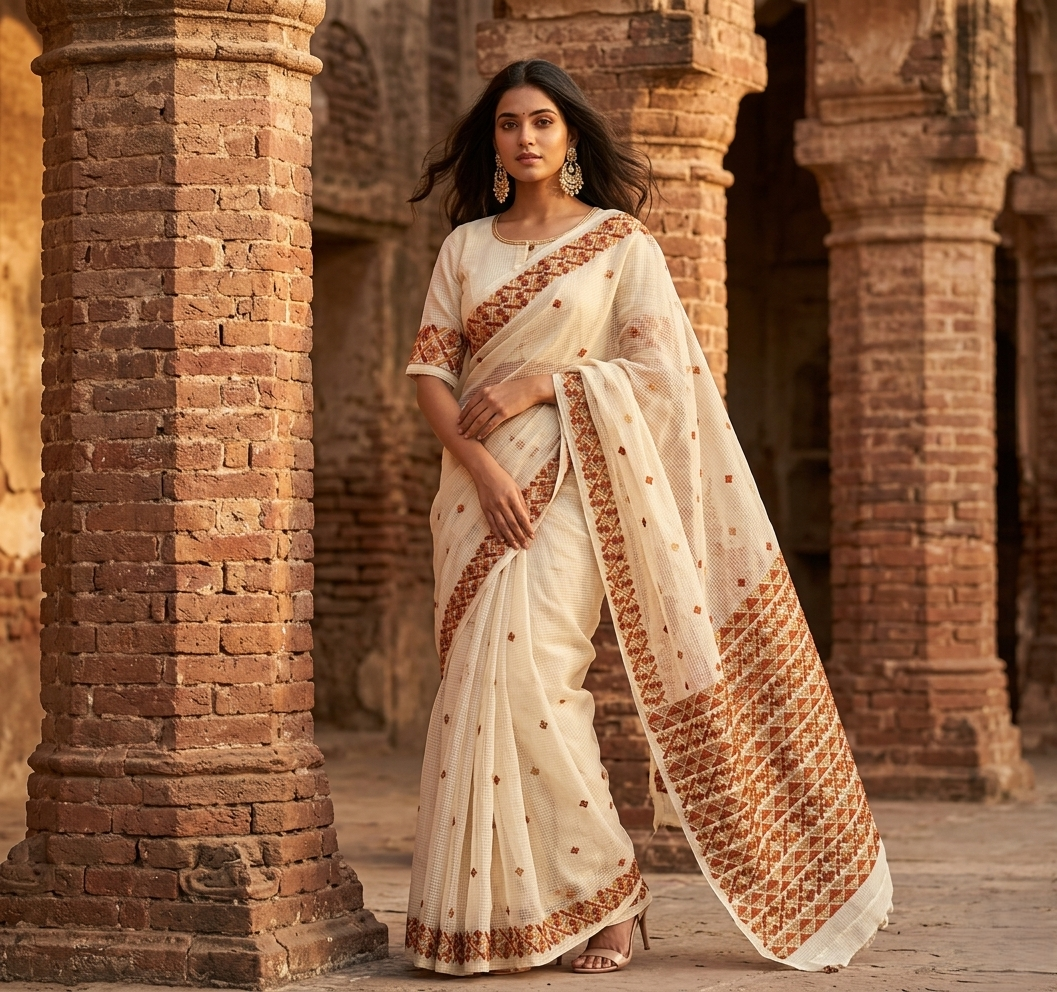Hand embroidered off-white Phulkari saree for women featuring traditional Punjabi craftsmanship