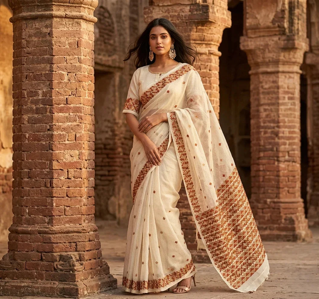 Phulkari Saree – Hand Embroidered Off White Punjabi Saree | The Amritsar Store - The Amritsar Store