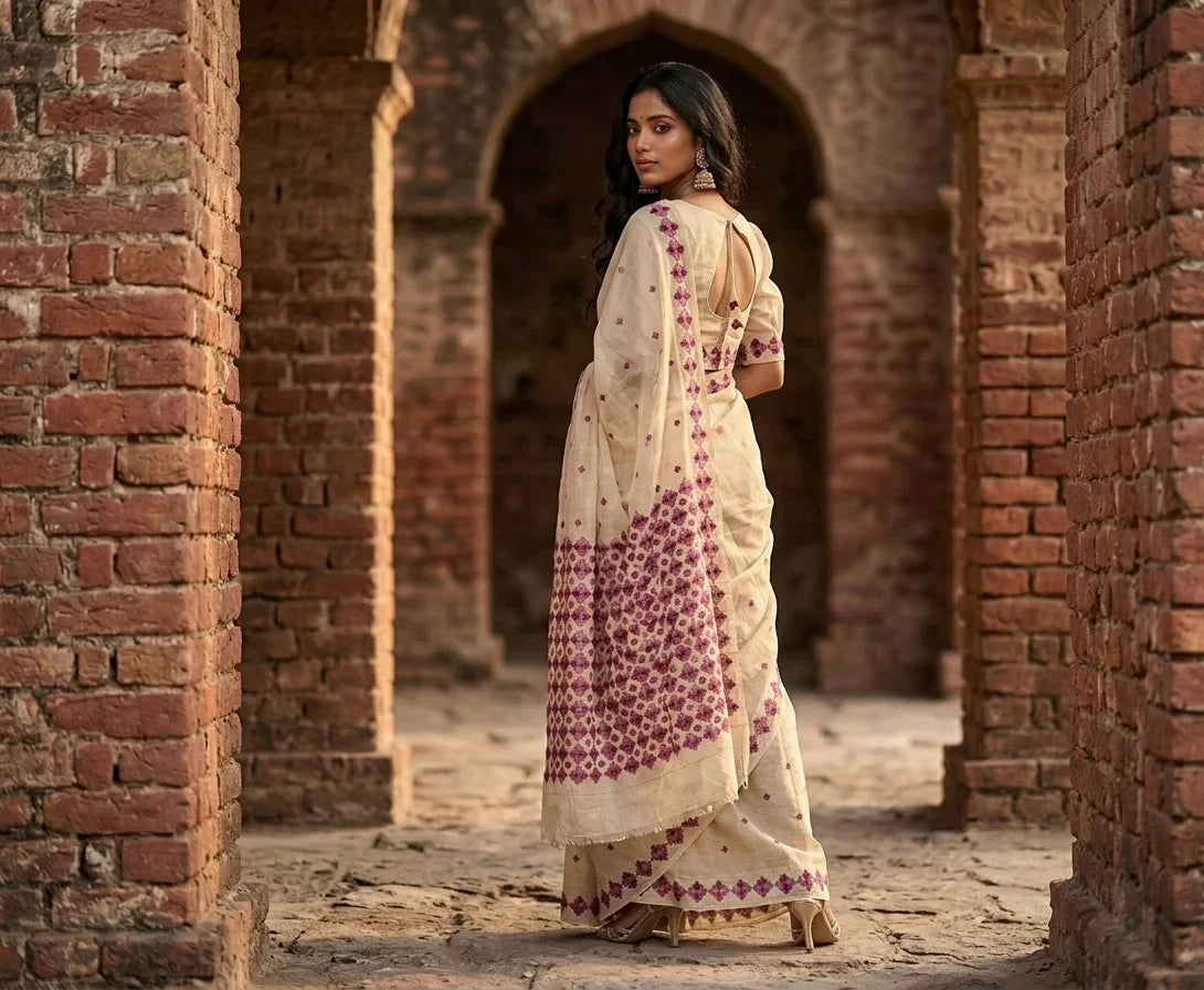 Phulkari Saree – Hand Embroidered Off-White Punjabi Saree | The Amritsar Store - The Amritsar Store