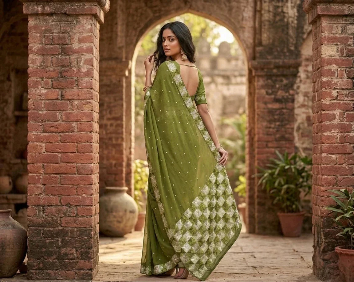 Phulkari Saree – Hand Embroidered Olive Green Saree for Women | The Amritsar Store - The Amritsar Store