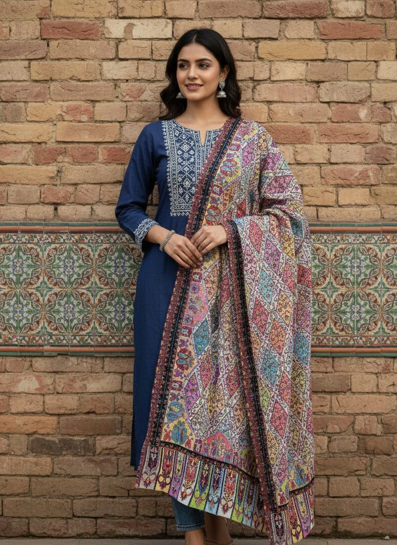 The Amritsar Store Pashmina Kalamkari Shawl – Hand Embroidered Multicolor Kashmiri Wool Shawl for Women