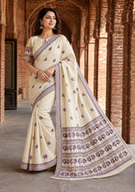 Hand embroidered off white Phulkari saree with colorful peacock motif and traditional Punjabi embroidery by The Amritsar Store