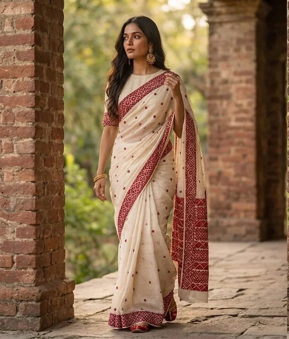Phulkari Saree – Hand Embroidered White Saree with Maroon Embroidery | The Amritsar Store - The Amritsar Store
