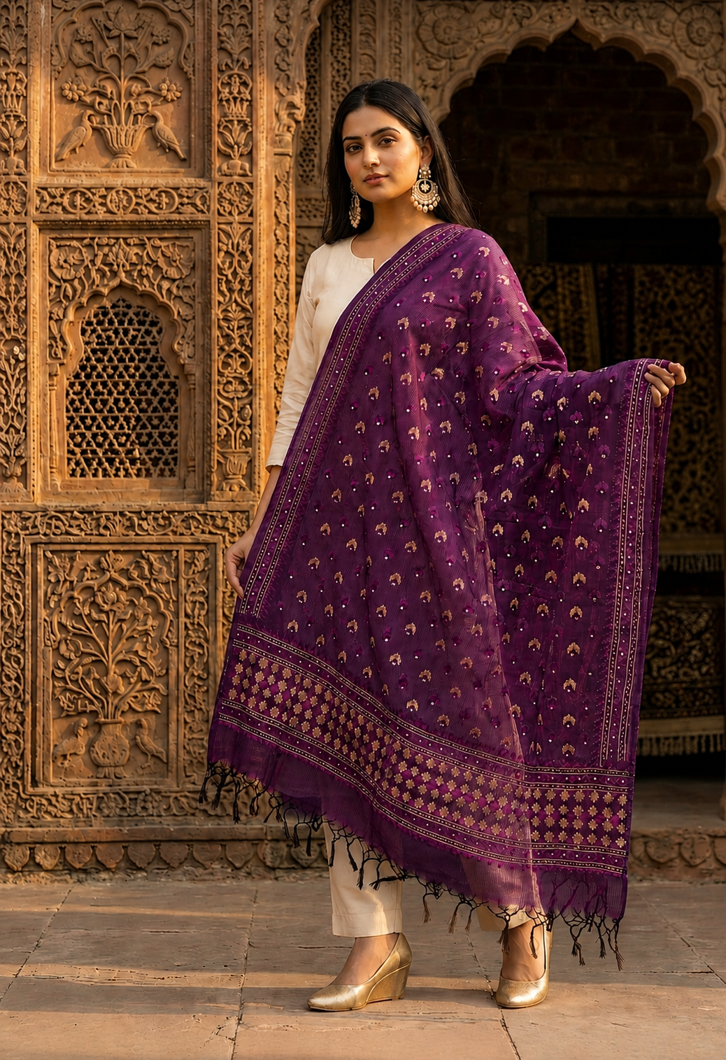 Hand embroidered purple Phulkari dupatta for women with traditional Punjabi embroidery, elegant ethnic wrap featuring detailed artisan threadwork by The Amritsar Store