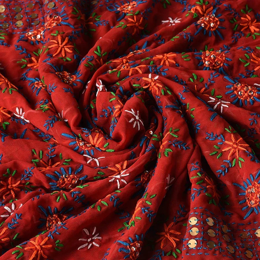 Phulkari Dupatta – Hand Embroidered Red Dupatta With Multicolor Embroidery| The Amritsar Store - The Amritsar Store