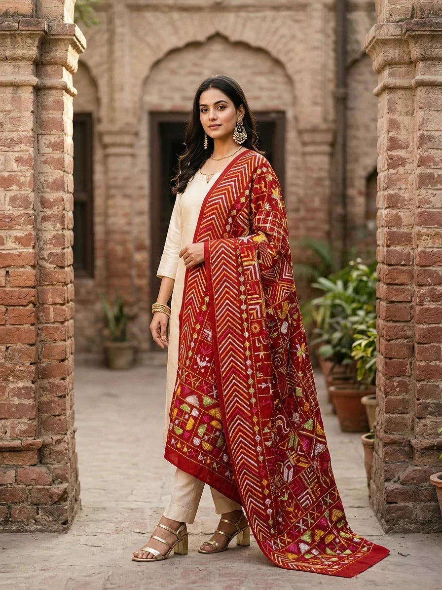 Phulkari Bagh Dupatta – Hand Embroidered Maroon Punjabi Bagh | The Amritsar Store - The Amritsar Store