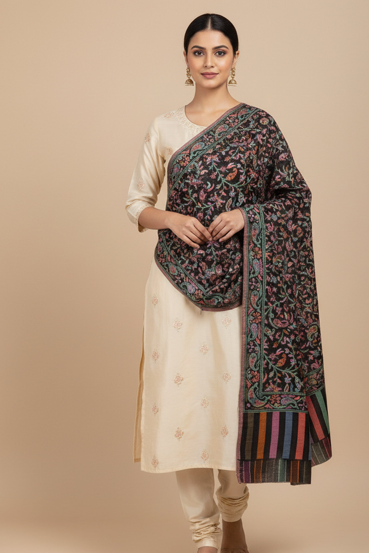 The Amritsar Store Women’s Black Fine Wool Kashmiri Shawl with intricate floral embroidery – elegant handcrafted wrap for timeless style and warmth.