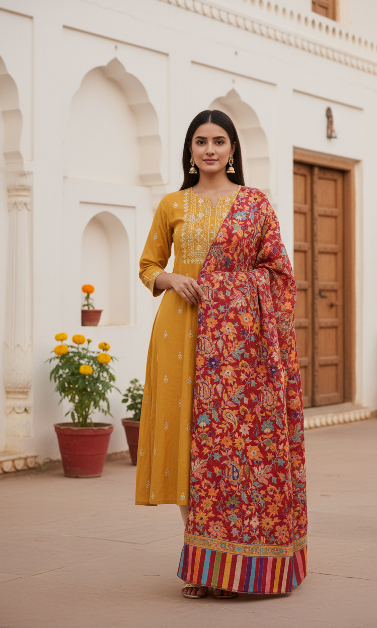 The Amritsar Store Women’s Kalamkari Shawl – Handcrafted Traditional Art featuring intricate patterns and rich traditional design, perfect for elegant ethnic styling