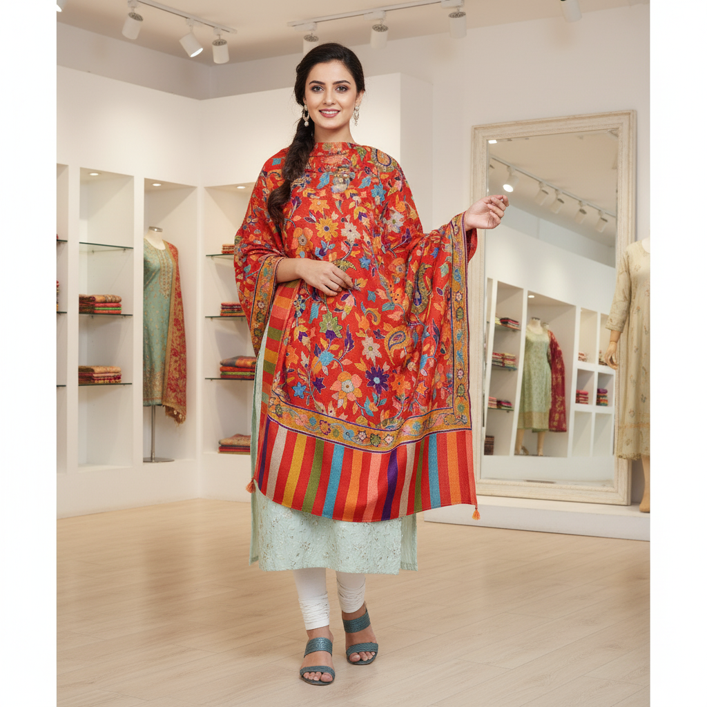 The Amritsar Store Women’s Kalamkari Shawl – Handcrafted traditional art shawl with detailed motifs, showcasing authentic craftsmanship and timeless elegance.