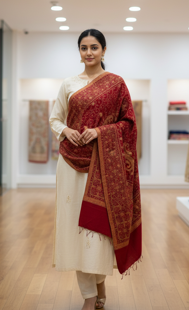 The Amritsar Store Elegant Maroon Hand Embroidered Shawl – finely crafted with intricate threadwork, showcasing timeless Kashmiri artistry and sophistication.