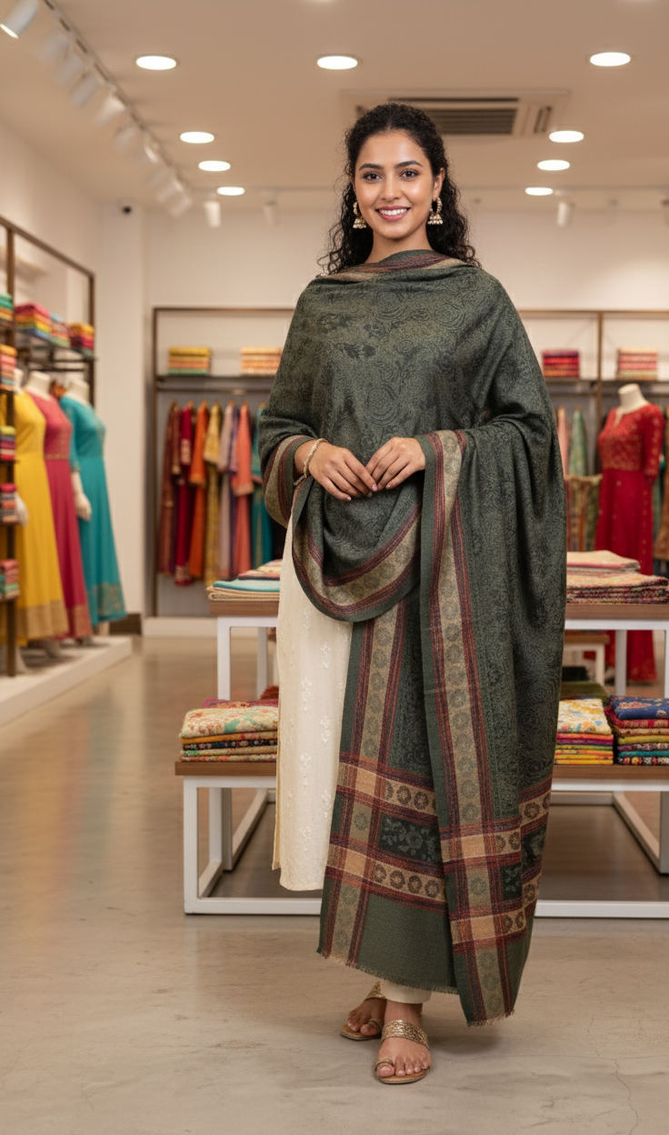 The Amritsar Store Kashmiri Women’s Shawl featuring elegant zari work and intricate four-side border – a luxurious handcrafted wrap for special occasions.