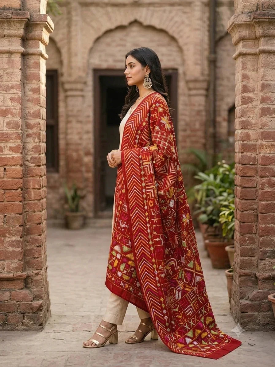 Phulkari Bagh Dupatta – Hand Embroidered Maroon Punjabi Bagh | The Amritsar Store - The Amritsar Store