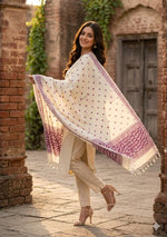 Phulkari Dupatta – Hand Embroidered Off White with Purple Embroidery | The Amritsar Store - The Amritsar Store